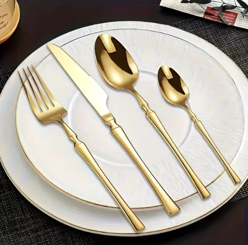 24pcs Conjunto De Talheres De Aço Luxo Inoxidável Preto-ouro