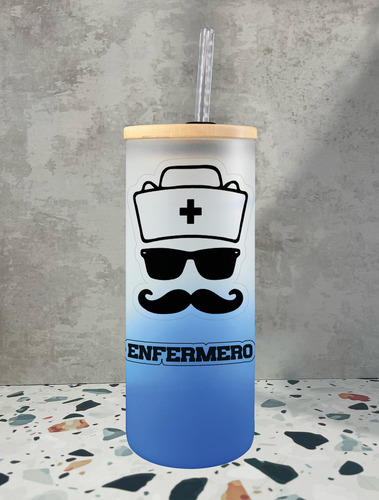 Vaso Vidrio Con Tapa De Bambú Y Popote Enfermero 650 Ml Azul