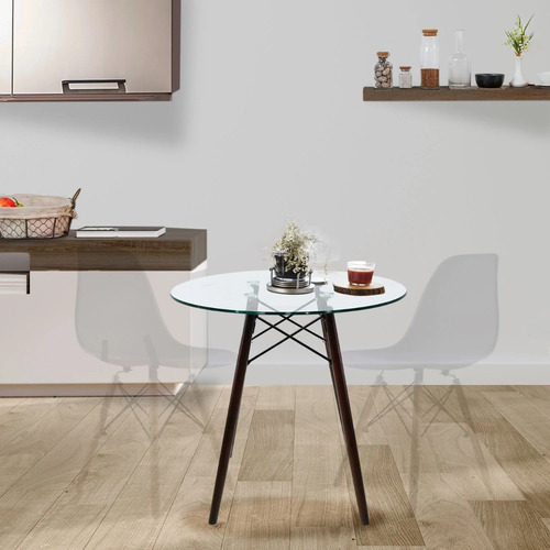 Mesa Oslo Cristal Redonda, Base De Madera Nogal, 80 Cm