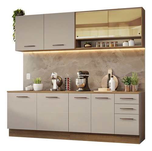 Armário de Cozinha Completa Modulada com Balcão para Cooktop 240cm Agata Madesa 01 Cor Rustic/Crema XMGRAG240001