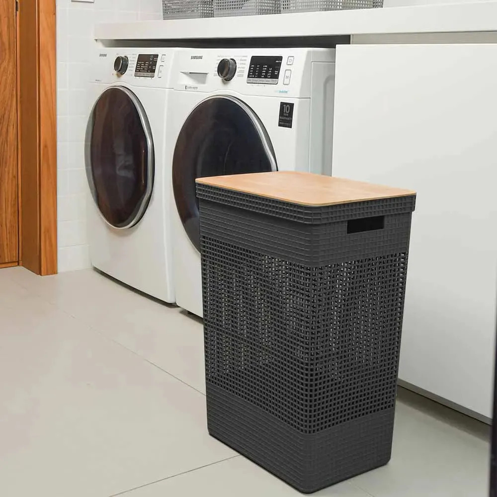 Cesto De Roupas Grid 49l Tampa Bambu Preto Cg455ptf