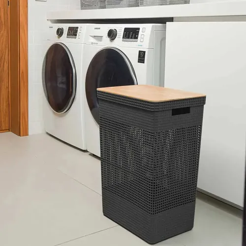 Cesto De Roupas Grid 49l Tampa Bambu Preto Cg455ptf - Ou