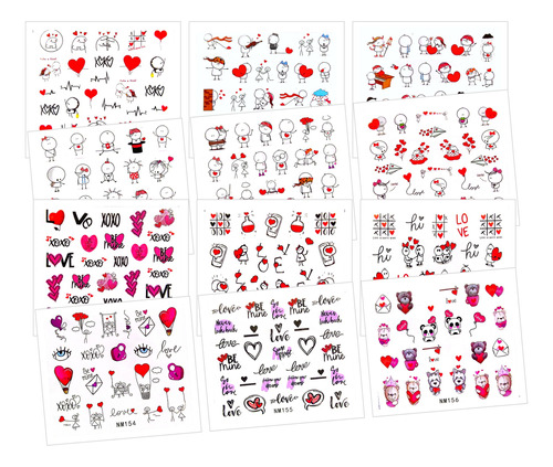 12 Hojas Stickers Tatuajes Al Agua Uñas - Muñecos Corazones