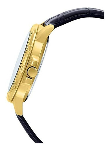 Imagen 3 de 3 de Reloj de pulsera Casio Dress MTP-VD01 de cuerpo color dorado, analógico, para hombre, fondo negro, con correa de cuero color negro, agujas color dorado, blanco y rojo, dial blanco y dorado, minutero/segundero blanco y gris, bisel color dorado y hebilla simple