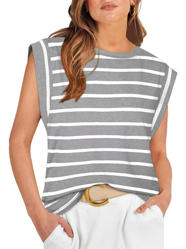 Blusa Cuello Redondo Manga Corta Top Rayas Mujer Tank Top