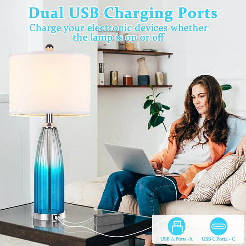 Juego De 2 Lámparas De Mesa De Cristal Azul Con Puertos Usb