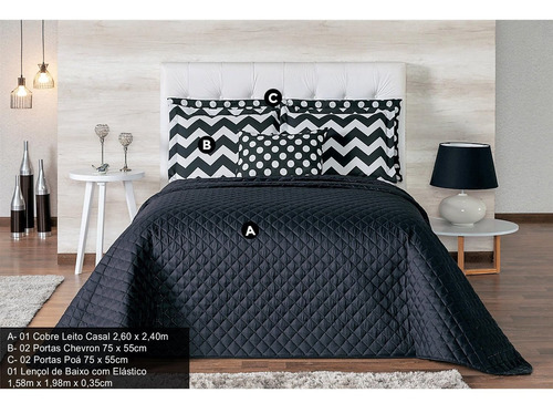 Kit Edredon Queen 6 Peças Chevron Casaborda 128 Preto Ca