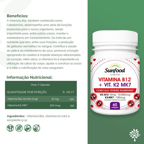 Vitamina B12 + Vitamina K2 Mk7 - 60 Caps - Sunfood Clinical Sabor Without flavor