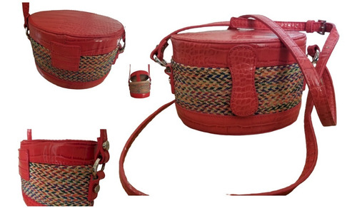 Cartera Canasta Bordada Chica Simil Cuero Rojo Sandia-