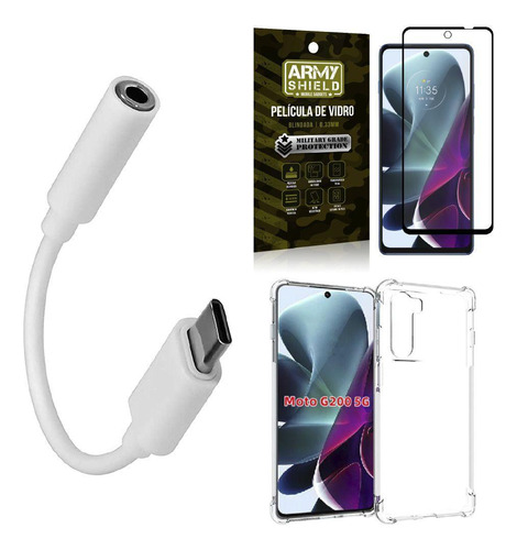 Capa Moto G200 5g + Adaptador Fone Tipo C / P2 + Película 3d