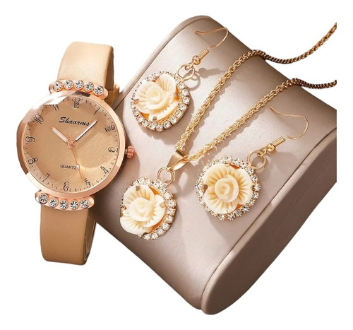 Kit Reloj Flor Para Mujer + Juego De Collar Aretes 