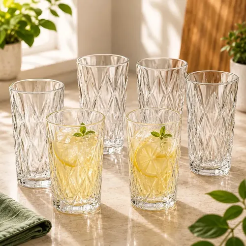 Jogo 6 Copos 400ml Grande Grosso Diamond Transparente Kit Para Drink Agua Suco Restaurante Diamante Pacotinho Decor