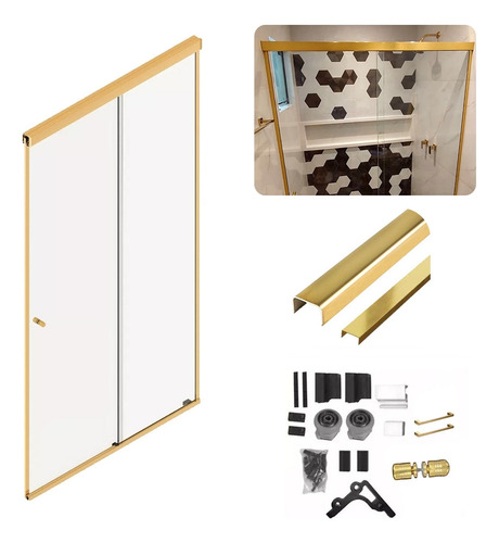 Kit Banheiro Box Perfil F1 Alumínio Quadrado Dourado 1,80m Liso