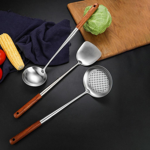 W Wok Espátula Cucharón Skimmer Práctico Mango De Madera