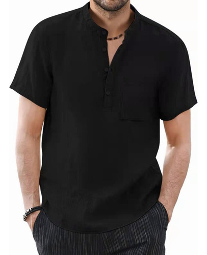 Camisa Cuello Mao Lino Hombre Casual Manga Corta Corte Ajust