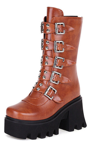 Botas Mujer Plataforma Punk Con Hebilla Con Cremallera A