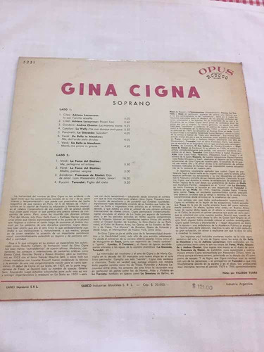 Gina Cigna Soprano Opus Disco Vinilo Lp (Usado)