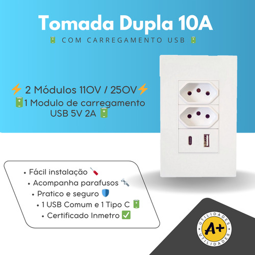 Tomada Dupla Usb Tipo C Com Espelho Parede Universal Bivolt