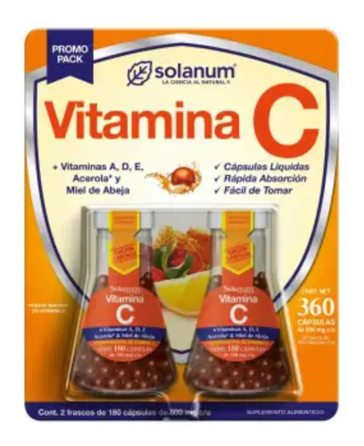 Vitamina C Solanum 2 Frascos Con 180 Cápsulas C/u