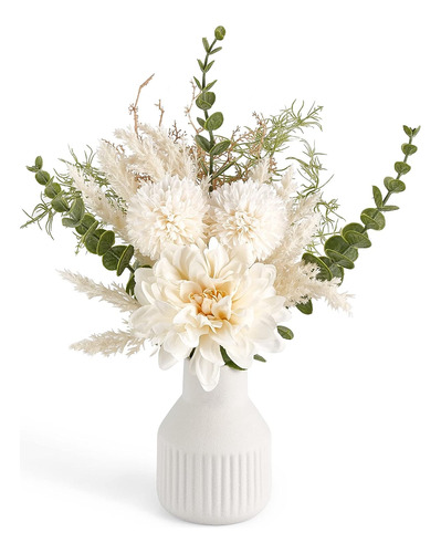 Jarrón Cerámica Flores Artificiales 35cm Decoración Blanco