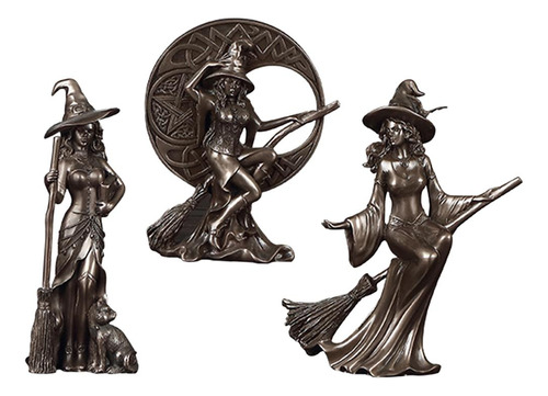 3x Figura De Bronce Fundido Bruja Mago Artesanías Escultura