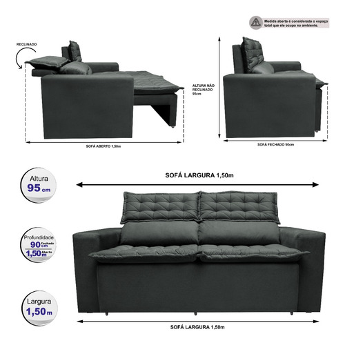 Sofá Retrátil e Reclinável Cama inBox Slim 1,50m Tecido Suede Velusoft Cinza