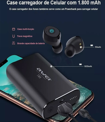 Fone De Ouvido Bluetooth Awei T85 C/ Case Earfone Sem Fio