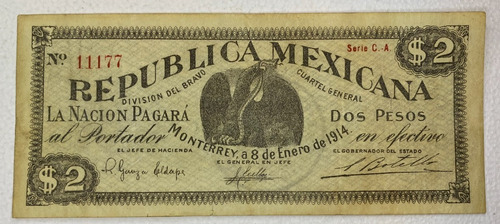 Monterrey Nuevo León 2 Pesos 1914 Vf (very Fine/fino) !