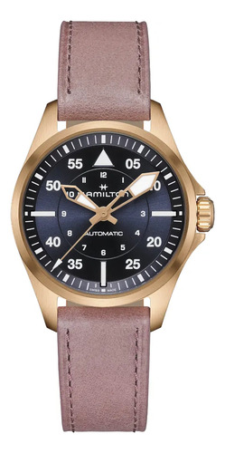 Reloj Hamilton Khaki Aviation Pilot Auto H76245840 Correa Rosa Bisel Oro Rosa Fondo Azul