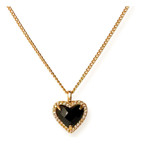 Collar Dama Corazón Onix Circones Plata S925 Baño Oro +caja