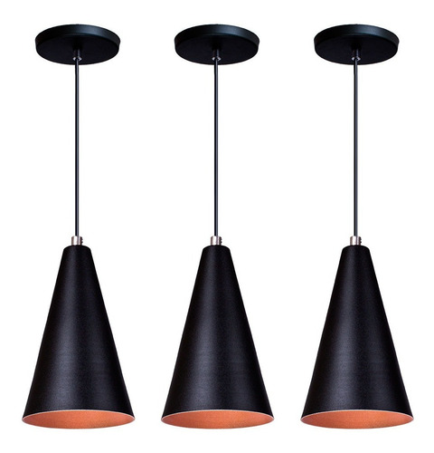 Conjunto C/ 3 Pendente Cone Preto Com Cobre Alumínio 110V/220V Iluminar Ambiente