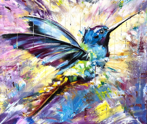 Colibrí Tipo Óleo 120x120 Con Marco Cuadro Canvas Bastidor