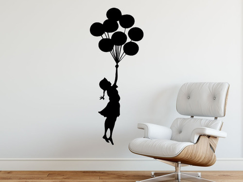 Adesivo Decorativo Menina Sonhadora Voando Com Balões Cor Preto