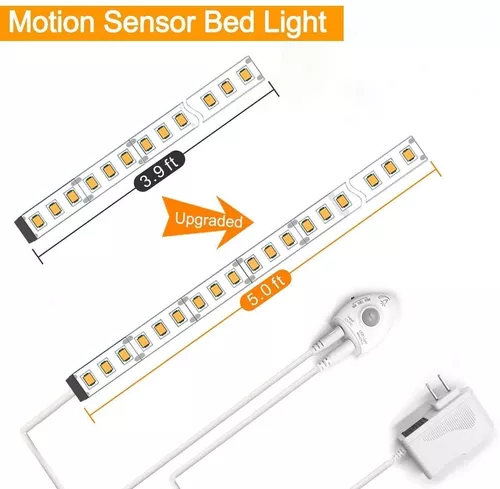 Luz para debajo de la cama, regulable y activada por movimiento, tira LED  de 4.9 pies con sensor de movimiento y adaptador de corriente, luz de noche