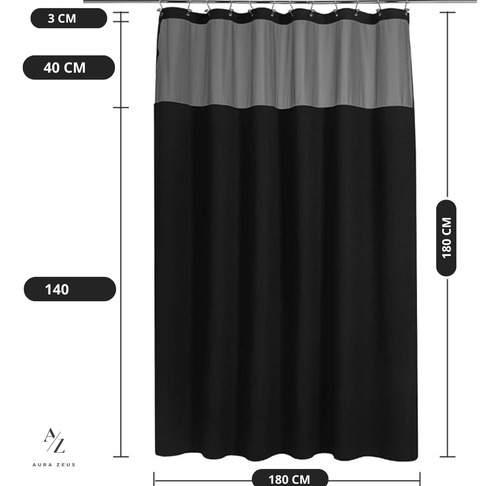 Cortina De Baño Diseño Impermeable + Forro Y 12 Ganchos Az Negro