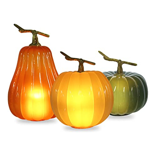 Conjunto De 3 Calabazas De Vidrio Iluminadas, Velas Sin...