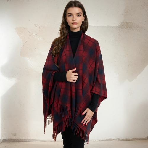 Poncho Capa Chal Abierto Flecos Lana Cuadros Suave Fino