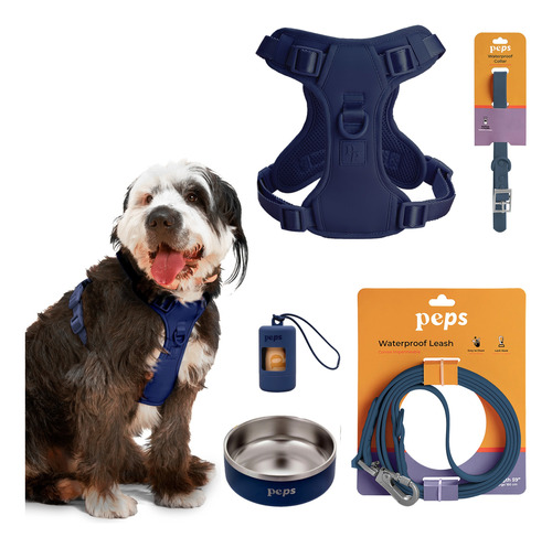 Kit Perro Peps Pechera Porta Bolsas Collar Correa Tazón