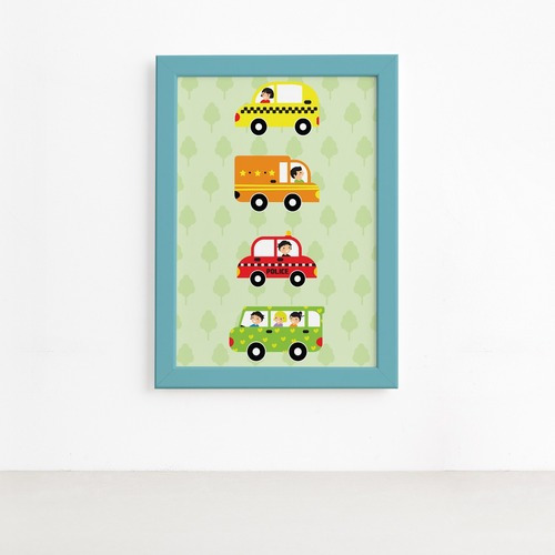 Quadro Decorativo Infantil Carrinhos 22x32 Moldura Azul