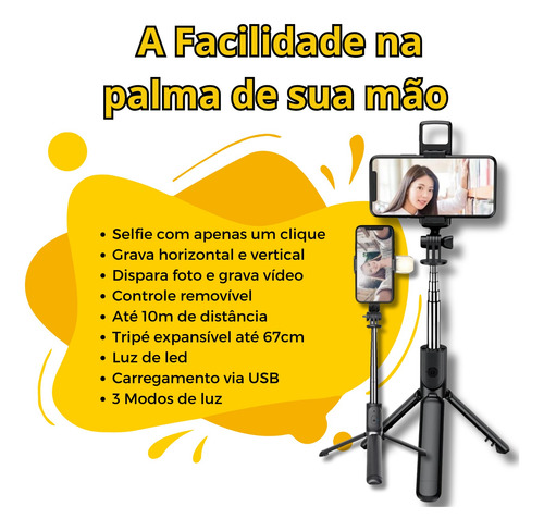 Bastão Pau De Selfie E Tripé 3 Em 1 Bluetooth Mesa C/ Led