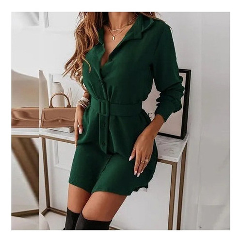 Vestido Camisero De Manga Larga Con Botones Y Cinturón