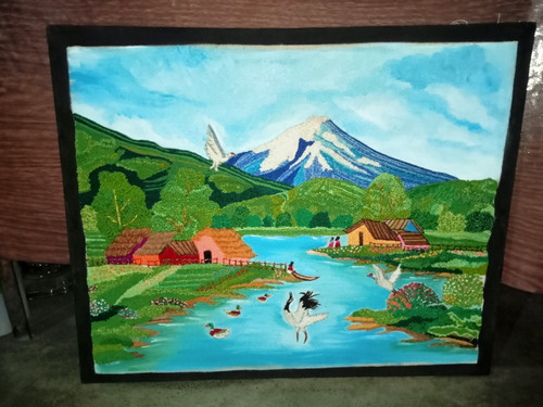 Paisaje Con Volcán Al Fondo, Bordado A Mano. 