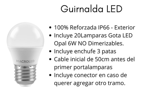 Imagen 3 de 6 de Guirnalda Luces Led Gota Opal 5w Exterior 10mts Reforzada