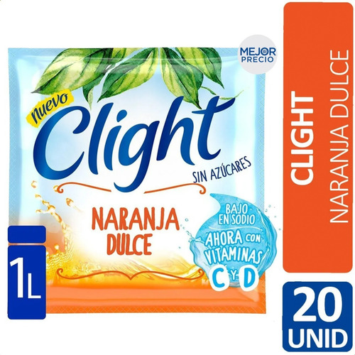 Imagen 1 de 5 de Jugo Clight Naranja Dulce Polvo Vitaminas C+d Sin Azucar X20