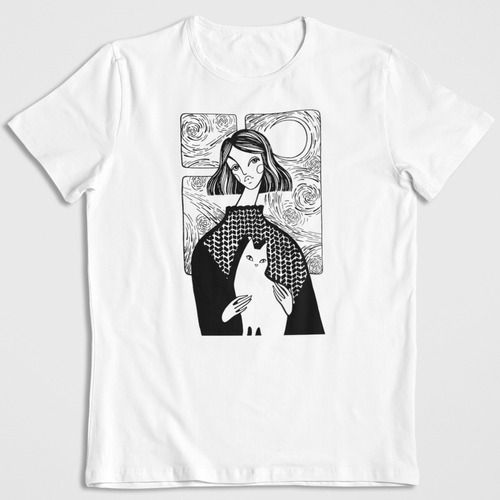 Polera Blanca Algodon Estampada Dtf Cat And Woman Arte