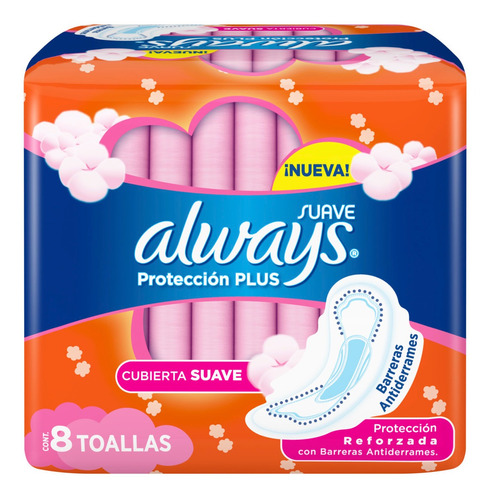 Toallitas femeninas Always Suave Protección Plus Nuevo Diseño con alas 8 u