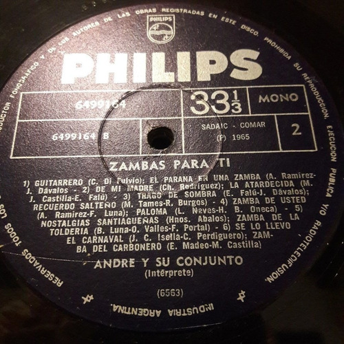 Sin Tapa Disco Andre Y Su Conjunto Zambas Para Ti F0