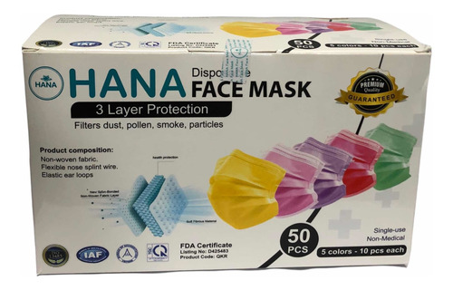 Caja 50 Mascara Cubre Bocas Triple Capa 5 Colores Diferentes