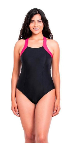 Traje De Baño Enterito Deportivo Con Cierre Negro Y Fucsia