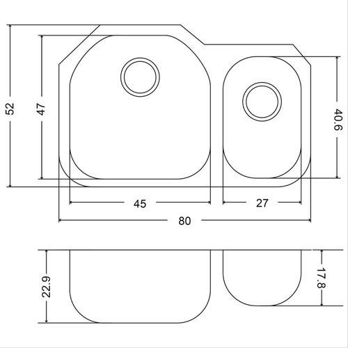 Fregadero Cocina Submontar 2 Tinas 80x52x23 Eb A31209br